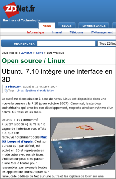 capture écran d'un article sur la sortie Ubuntu 7.10