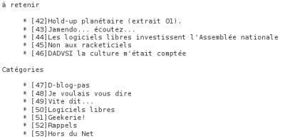 capture écran des mes favoris et catégories en mode texte